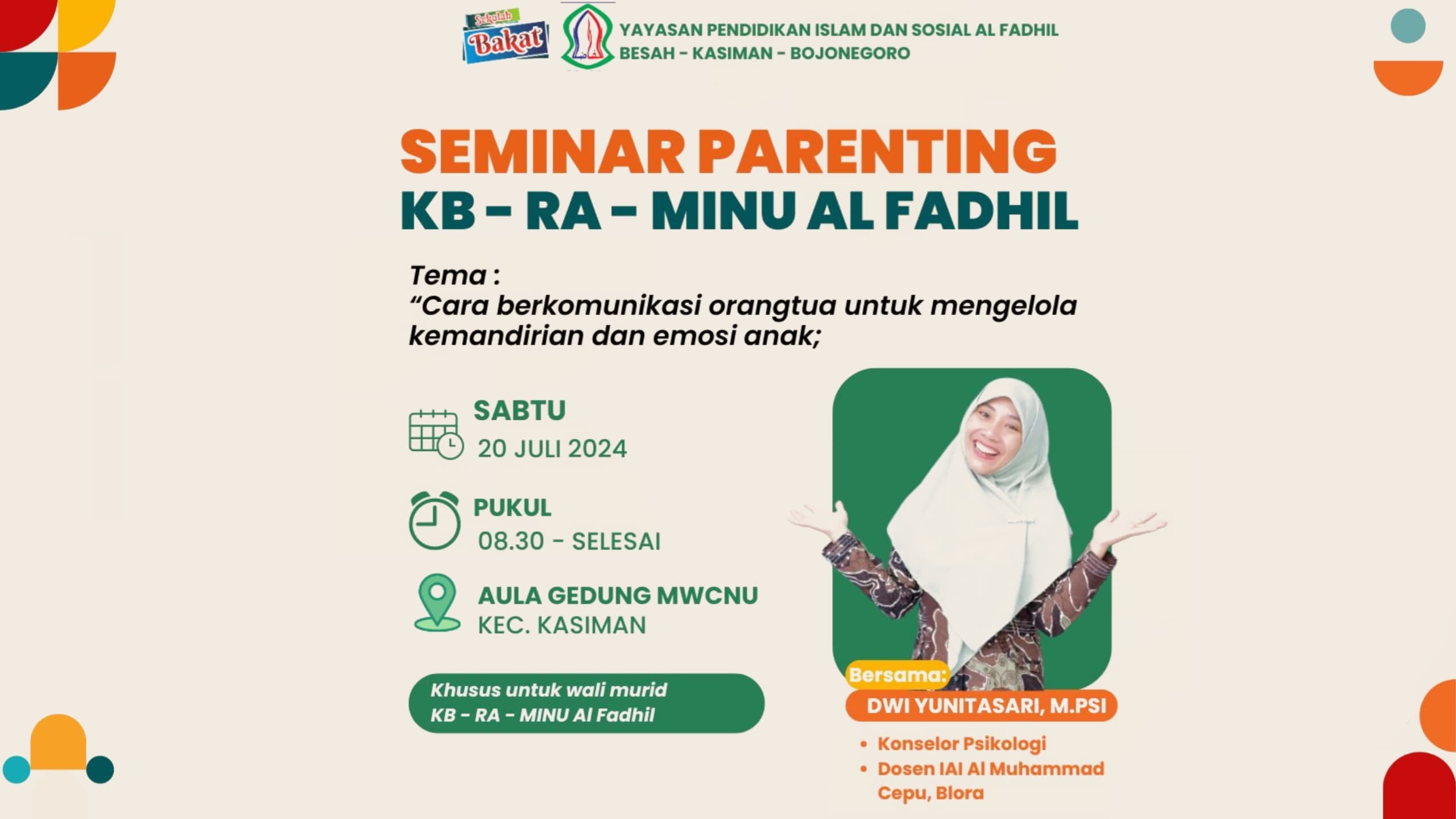 Dosen IAI Al Muhammad Cepu Menjadi Narasumber Seminar Parenting di KB, RA, MI NU Al Fadhil